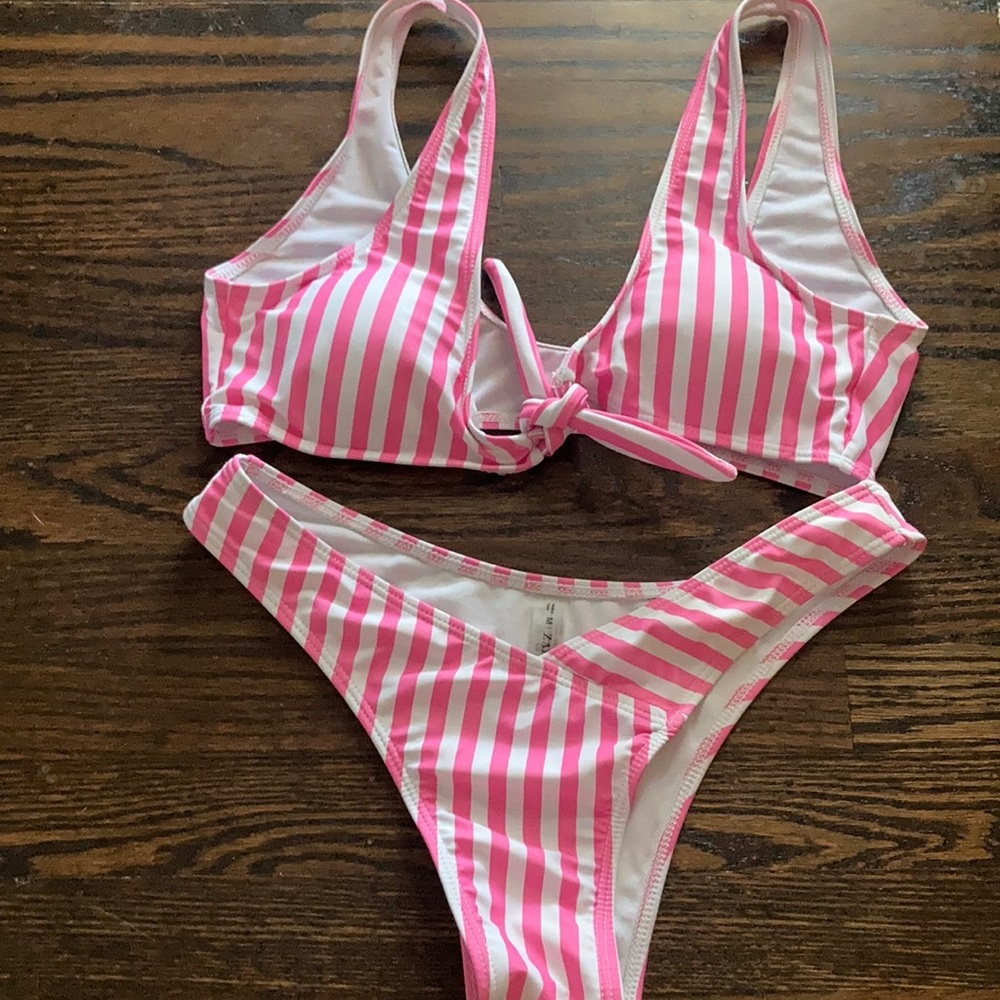 Pink and white striped bikini